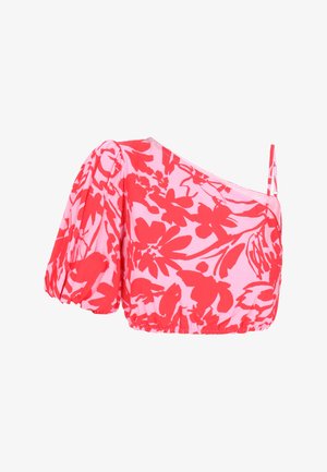 Top na jedno ramię z lekkiego materiału w różowo-czerwony kwiatowy wzór. Posiada bufiastą rękaw i marszczony dolny brzeg, co zapewnia dopasowaną sylwetkę.
