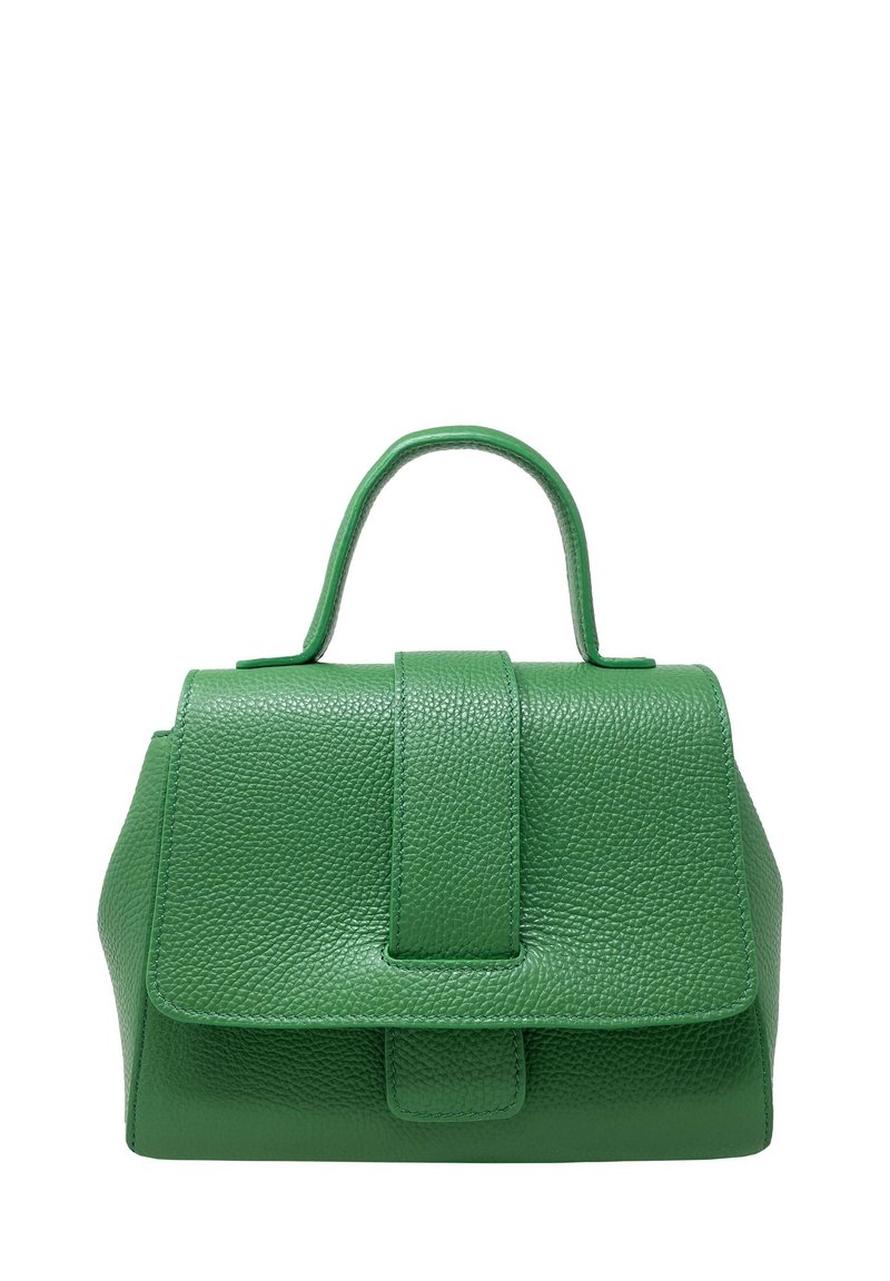 Zielona skórzana torebka o zdefiniowanym kształcie, teksturowanej powierzchni i górnym uchwycie. Posiada zapięcie na klapkę oraz gładki, wyprofilowany design.