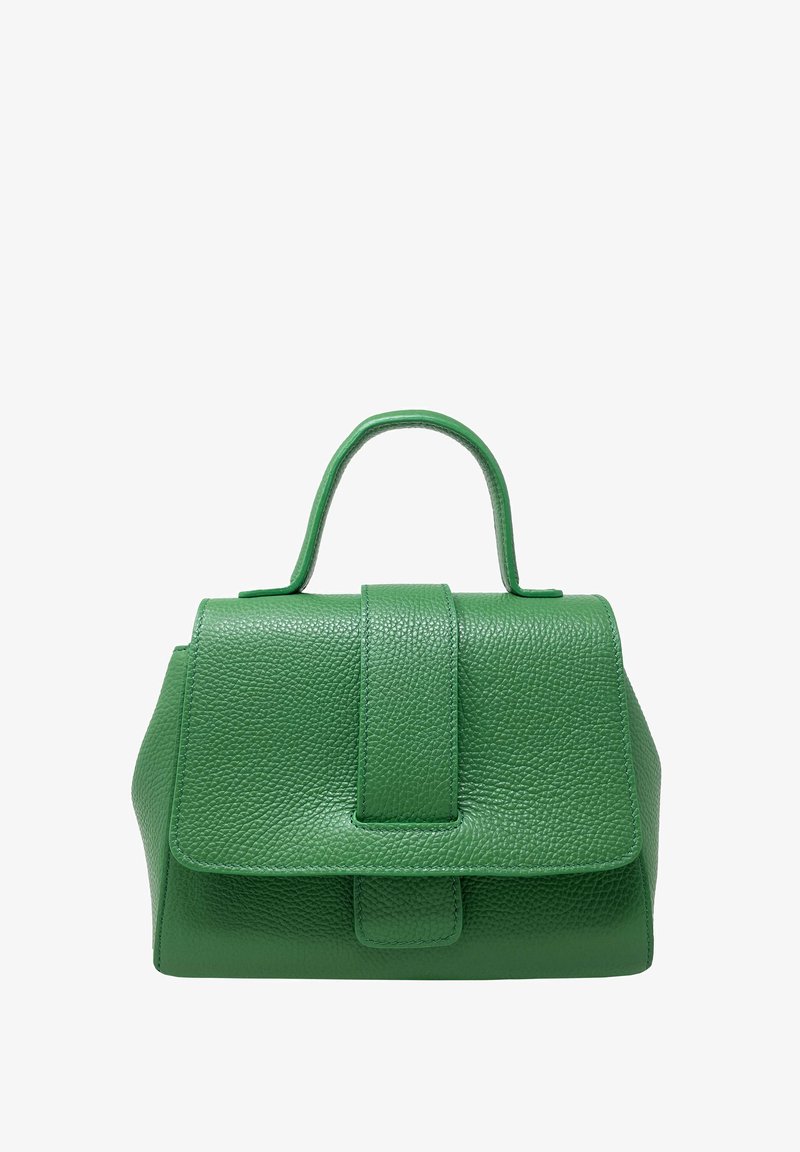 Groene leren handtas met een gestructureerde vorm, textuurovervlak en een handvat aan de bovenkant. Beschikt over een klep-sluiting en een glad, afgerond ontwerp.