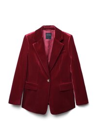 Blazer en velours cramoisi avec col à revers, fermeture à un bouton et deux poches frontales. Texture lisse et doublure satinée de couleur contrastante.