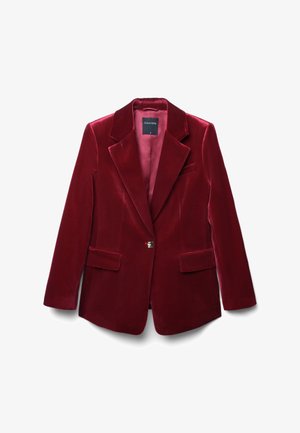 Crimson velvet blazer with notched collar, single button closure, and two front pockets. Smooth texture and satin lining in a contrasting color.