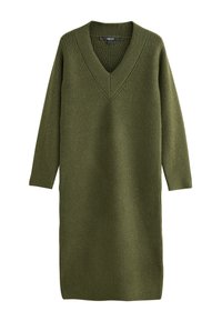Vestido de punto verde oliva con escote en V, textura acanalada y mangas largas, diseñado para un ajuste relajado, con longitud hasta la mitad de la pantorrilla.