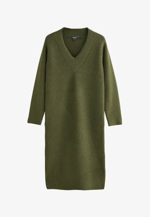Olivgrünes Strickkleid mit V-Ausschnitt, gerippter Struktur und langen Ärmeln, entworfen für eine lockere Passform, die bis zur Mitte der Wade reicht.