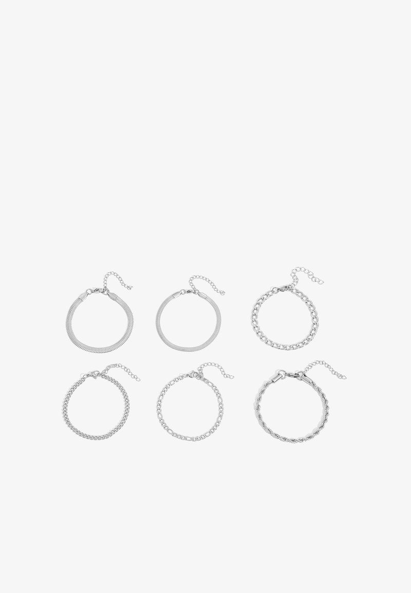 Six silver chain bracelets with different link styles arranged in two rows on a white background.