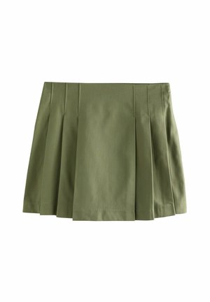 Oliwkowa plisowana mini spódniczka z szerokim paskiem i ustrukturyzowanymi, równomiernie rozmieszczonymi plisami.