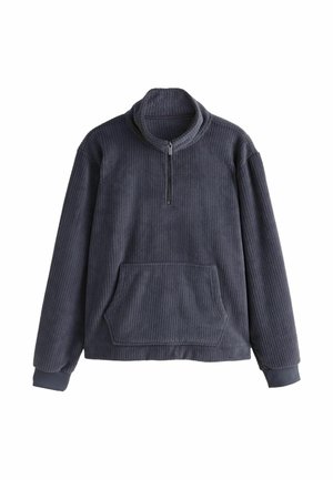Pull polaire côtelé gris foncé avec col à fermeture éclair partielle et grande poche avant, conçu pour la chaleur et un usage décontracté.