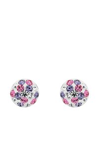 Pendientes redondos que presentan cristales multicolores en rosa, púrpura y transparente, montados en una base de tono plateado con un acabado brillante.
