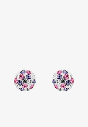 Runde Ohrringe mit mehrfarbigen Kristallen in Rosa, Lila und Klar, in einer silberfarbenen Basis mit glänzender Oberfläche eingesetzt.