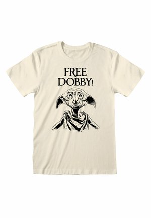 Crèmekleurig T-shirt met een zwarte grafische print van Dobby, met de tekst "VRIJ DOBBY!" boven het figuur. Korte mouwen, van katoen.