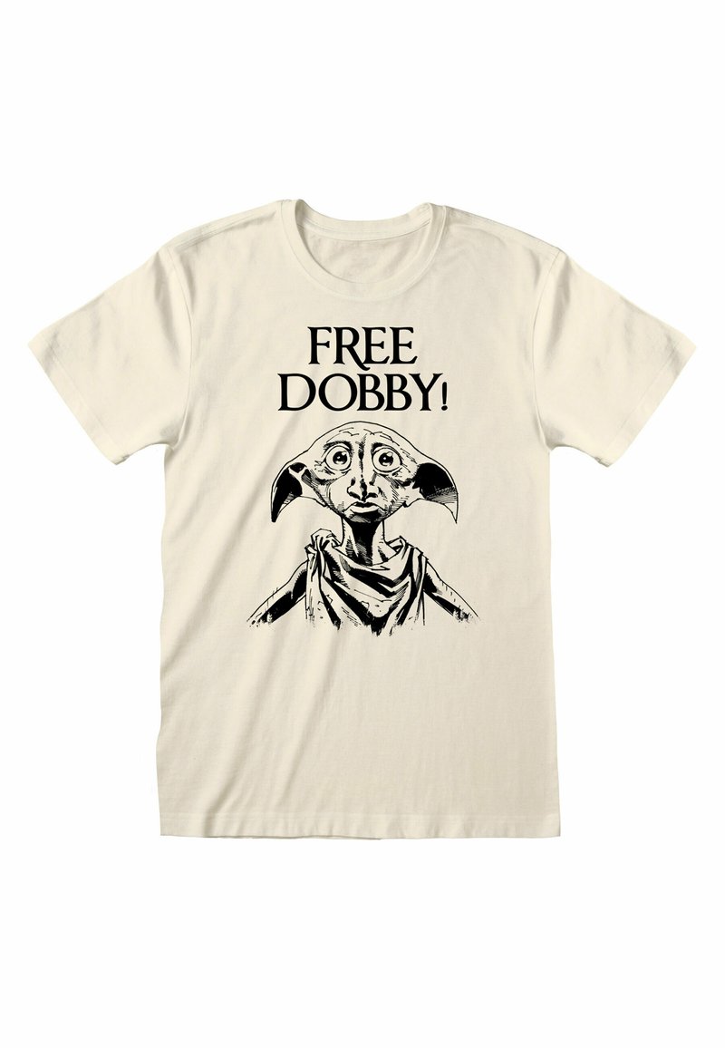 Krémové tričko s černým grafickým potiskem Dobbyho, s textem "OSVŲTĚ DOBBYHO!" nad postavou. Krátké rukávy, bavlněný materiál.
