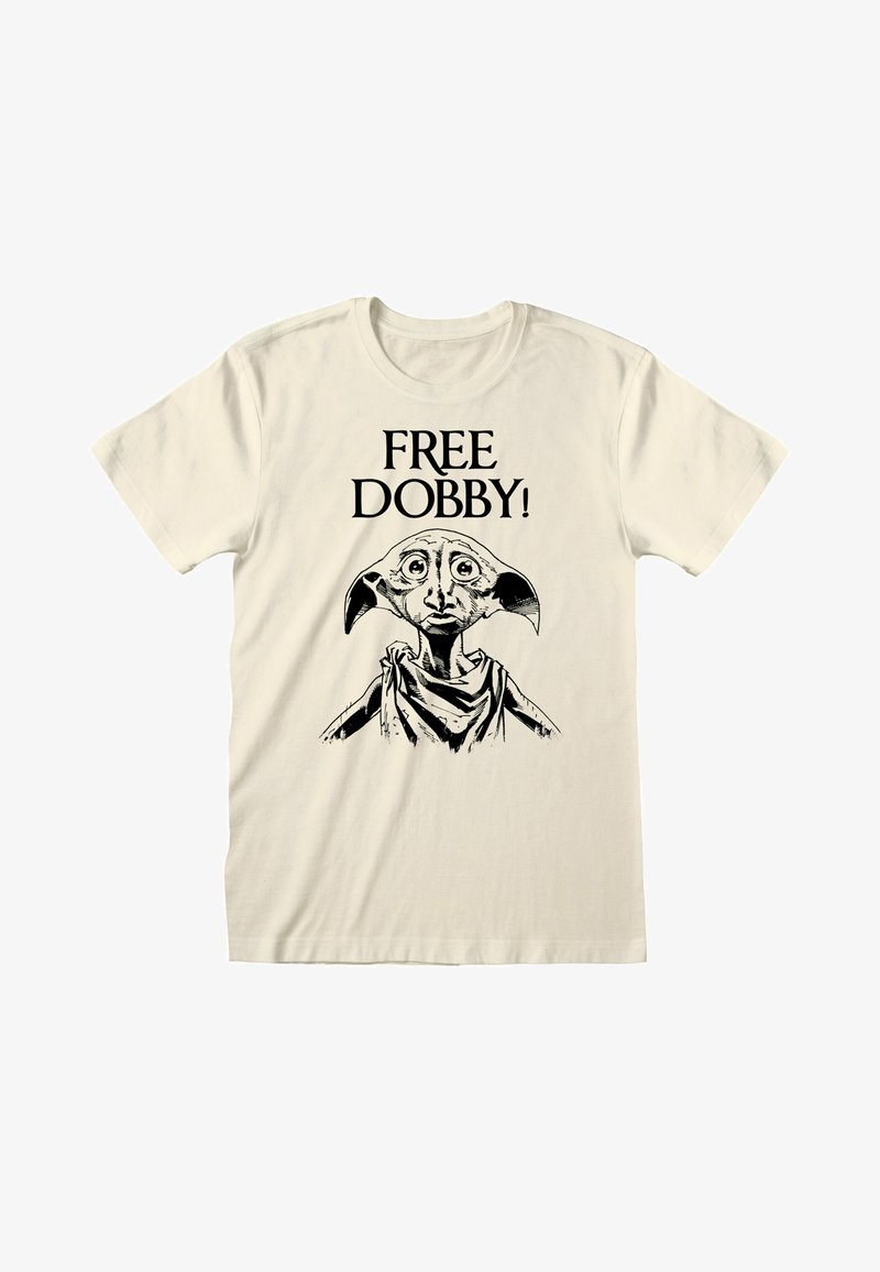 Krémové tričko s černým grafickým potiskem Dobbyho, s textem "OSVŲTĚ DOBBYHO!" nad postavou. Krátké rukávy, bavlněný materiál.