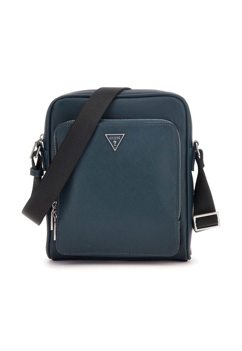 Mörk teal fyrkantig crossbody-väskan med en strukturerad yta, silverdetaljer, justerbar svart rem och en framficka med dragkedja.