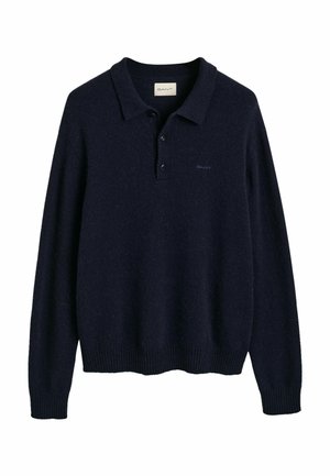 Maglione polo lavorato a maglia blu navy con maniche lunghe, chiusura a polo con due bottoni, polsini e orlo a coste. Presenta un logo discreto sul petto.