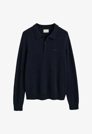 Maglione polo lavorato a maglia blu navy con maniche lunghe, chiusura a polo con due bottoni, polsini e orlo a coste. Presenta un logo discreto sul petto.