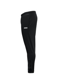 Pantalons de sport noirs en tissu lisse et respirant. Dotés d'une taille élastique, d'un design fuselé et d'un logo "JAKO" blanc sur le côté.