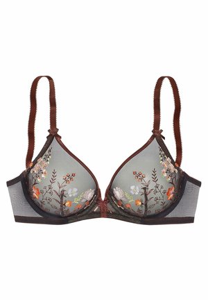 Bügel-BH aus transparentem grauem Stoff, braunen Akzenten, floraler Stickerei in Orange, Weiß und Grün, verstellbaren Trägern und gewellten Kanten.