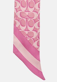 Rosa sidenhalsduk med ett upprepat cirkelmönster och en bredare mörkare rosa rand längs nederkanten. Slät textur och spetsig ände.