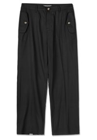 Melnas bikses, izgatavotas no gludas auduma, ar divām sānu kabatām ar pogu aizdari, pieguļošu jostasvietu un brīvu taisnu kāju dizainu.