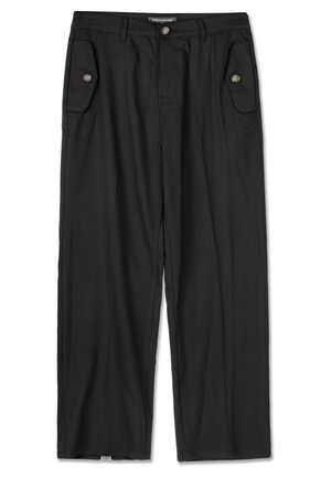 Čierne nohavice vyrobené z hladkej látky, so širokými postrannými vreckami so zapínaním na gombíky, so priliehavým pásom a voľným rovne strihan�ým dizajnom.