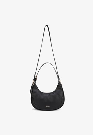 Borsa a spalla in pelle nera con forma curva, dotata di una sola tracolla e hardware color oro. Texture liscia con un discreto dettaglio del marchio.
