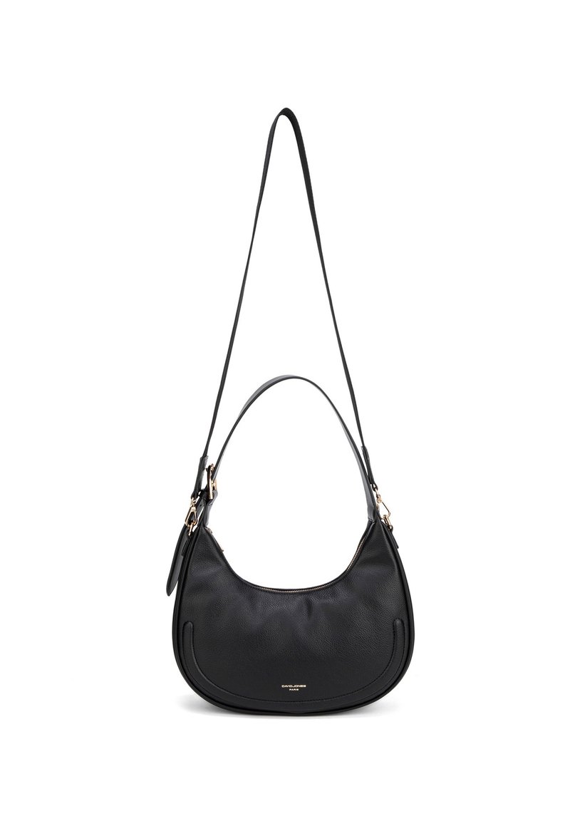 Sac à épaule en cuir noir avec une forme arrondie, doté d'une seule sangle et d'accents en métal doré. Texture lisse avec un détail de marque subtil.