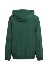 Grüne Kapuzenjacke mit glatter Textur, elastischen Bündchen und gerafftem Saum. Verfügt über eine lockere Passform und ein schlichtes Design ohne Verzierungen.