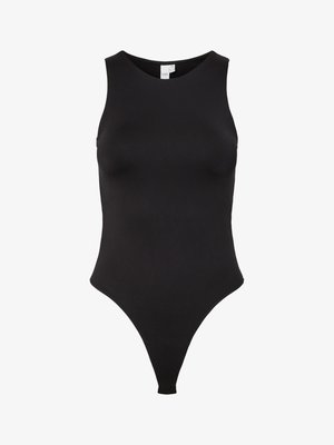 Bodysuit preto sem mangas com gola alta, feito de um tecido liso. Apresenta um corte tipo fio dental para cobertura mínima na parte de trás.