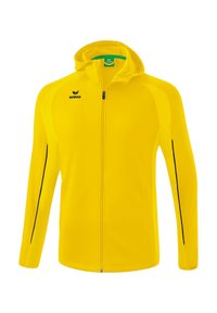 Gelbe Zip-Jacke aus leichtem Material. Verfügt über eine Kapuze, schwarze Akzente und ein Logo auf der oberen linken Seite. Glatte Textur.
