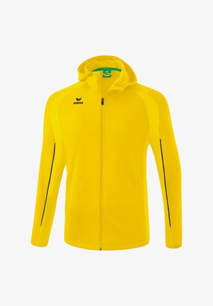 Gelbe Zip-Jacke aus leichtem Material. Verfügt über eine Kapuze, schwarze Akzente und ein Logo auf der oberen linken Seite. Glatte Textur.