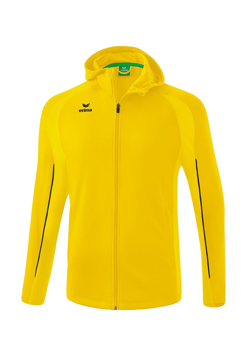 Gelbe Zip-Jacke aus leichtem Material. Verfügt über eine Kapuze, schwarze Akzente und ein Logo auf der oberen linken Seite. Glatte Textur.