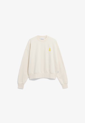 Felpa a maniche lunghe color avorio con scollatura tonda, polsini e orlo a costine, con un piccolo logo giallo a forma di foro sul petto sinistro.