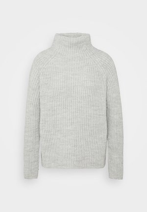 Gray, ribbed turtleneck sweater with long sleeves and a relaxed fit. Made from soft, textured material, suitable for cool weather.