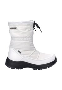 Hvid isoleret ankelstøvle med en blød, skinnende overflade, elastisk snøre, hvid syntetisk overdel og sort gummi sål med godt greb.