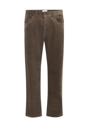Pantalones de pana marrones con acanalado vertical, diseño de cinco bolsillos, cierre de cremallera y botón. Corte recto ajustado y textura suave.
