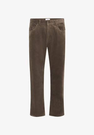 Brūni kordurojā ieslēgti bikses ar vertikālu ribojumu, piecu kabatu dizainu, ar rāvējslēdzēju un pogu aizdari. Šaurs taisns piegriezums un maiga tekstūra.