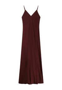 Robe maxi sans manches bordeaux avec un décolleté en V, fabriquée en tissu doux, présentant une silhouette fluide et un minimum de détails.
