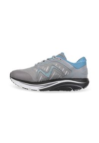 Gray athletic shoe with blue accents, featuring a textured upper, contrasting black sole, and a cushioned heel for stability.