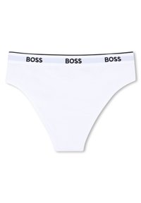 Bela bombažna tangica s črnim logotipom BOSS na pasu. Gladek tekstura in klasična zasnova z minimalnim pokrivanjem.