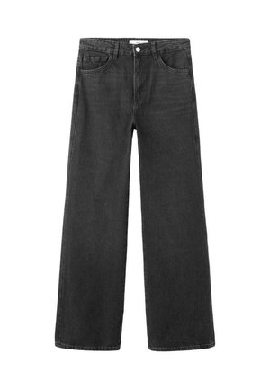 Sorte, højttaljede jeans med vide ben, frontknap og lynlåslukning, bæltestropper samt lommer foran og bagpå.