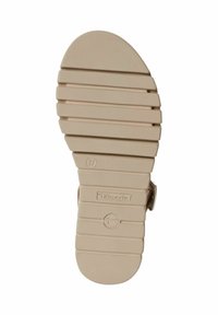 Soletta di sandalo in gomma beige con scanalature orizzontali e punta arrotondata, caratterizzata da logo del brand in rilievo e indicazioni della taglia.