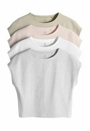 Tricouri cu mâneci scurte și guler rotund stivuite, în bej, roz deschis, alb și gri deschis, prezentând vederea din față și textura moale a țesăturii.