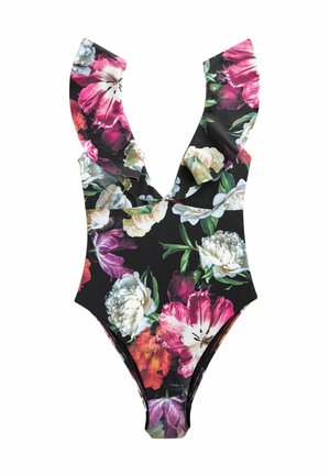FRILL PLUNGE TUMMY CONTROL - Uimapuku - black photographic floral