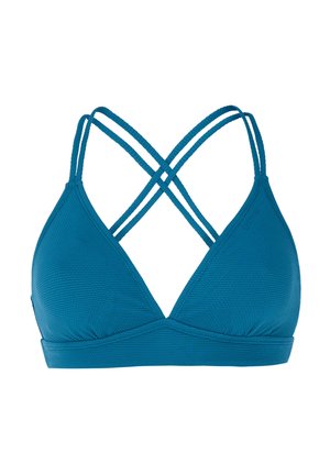 Cyan driehoek bikini top met textuurstof, verstelbare gekruiste bandjes en een brede band onder de buste. Minimalistisch ontwerp.