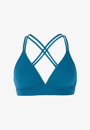 Türkiser Triangel-Bikini-Oberteil aus strukturiertem Stoff, verstellbaren gekreuzten Trägern und einem breiten Band unter der Brust. Minimalistisches Design.