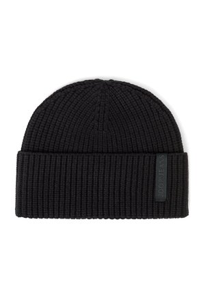 Black ribbed knit beanie hat with folded cuff and small rectangular label on the side.