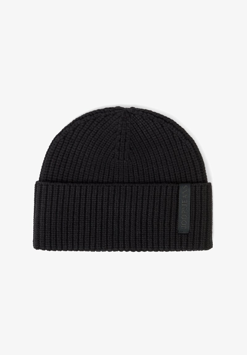 Black ribbed knit beanie hat with folded cuff and small rectangular label on the side.