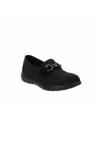 Scarpa nera slip-on realizzata in tessuto morbido con punta arrotondata. Presenta un dettagli decorativo con catena argentata e una suola testurizzata a contrasto.