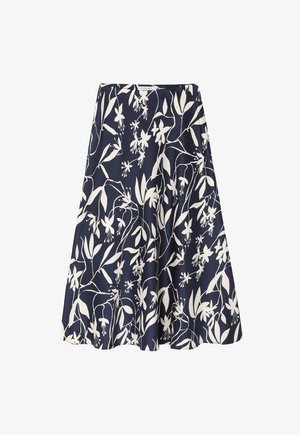 Jupe évasée bleu marine en tissu avec un motif floral blanc. Elle possède une texture lisse et une taille élastique pour plus de confort.