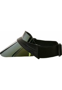 Visiera trasparente con una sfumatura verde e una fascia nera regolabile. La visiera presenta una superficie liscia e riflettente e un design curvo per una copertura ottimale.