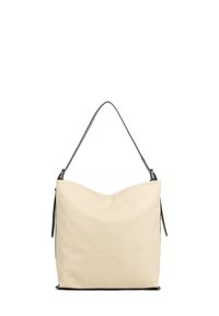 Borsa a spalla in tela beige con linea superiore curva, dettagli in pelle nera e una singola tracolla per il trasporto. Texture liscia.